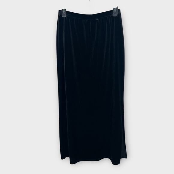Black Velvet Elastic Waist Maxi Skirt Size Small Side Slit 28 Waist Islander - Picture 1 of 8